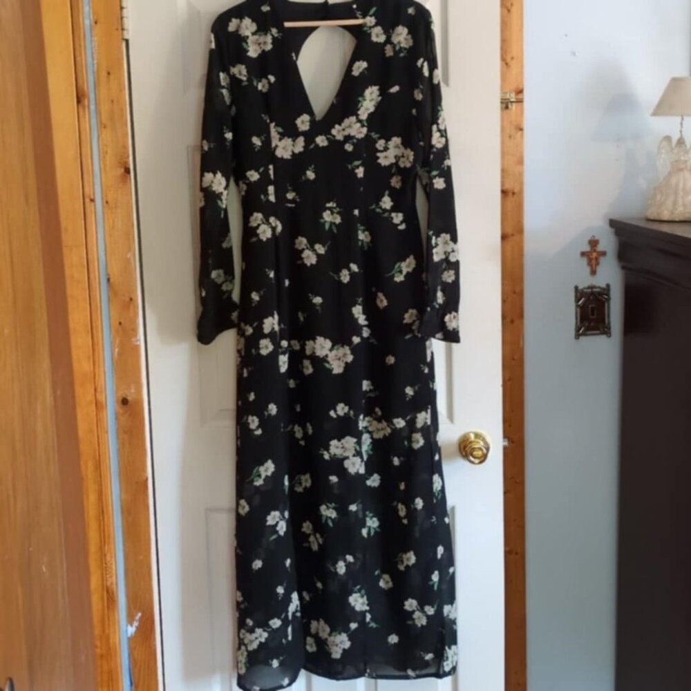 Influence Whimsigoth Chiffon Black Floral Dress Sz 14 Dark Fairy Open Back Flowy
